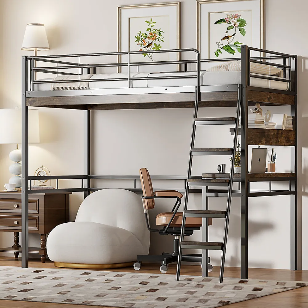 Lit Haut 90x200cm, Bureau, Rangement, Échelle, Métal, Noir>Fortuna lai Sale
