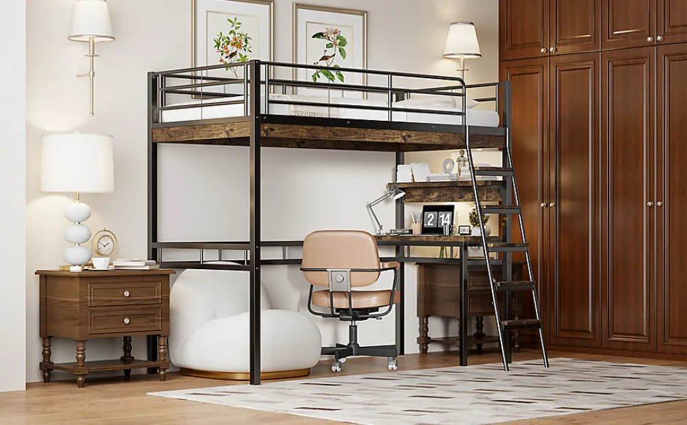 Lit Haut 90x200cm, Bureau, Rangement, Échelle, Métal, Noir>Fortuna lai Sale