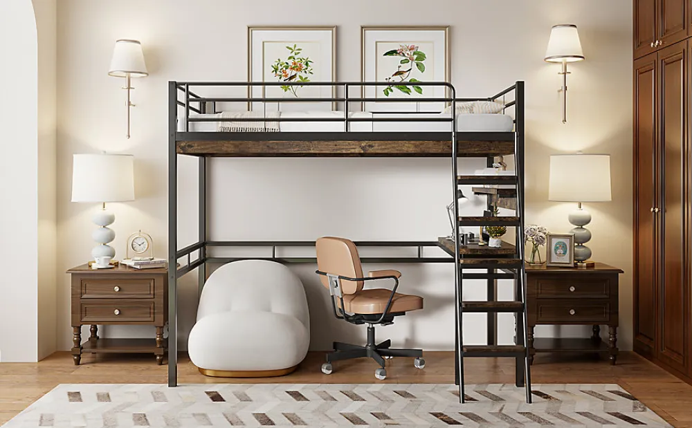 Lit Haut 90x200cm, Bureau, Rangement, Échelle, Métal, Noir>Fortuna lai Sale