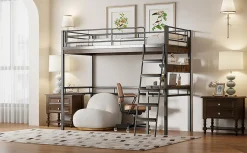 Lit Haut 90x200cm, Bureau, Rangement, Échelle, Métal, Noir><noscript><img width=