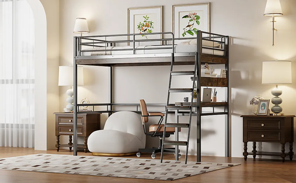 Lit Haut 90x200cm, Bureau, Rangement, Échelle, Métal, Noir>Fortuna lai Sale
