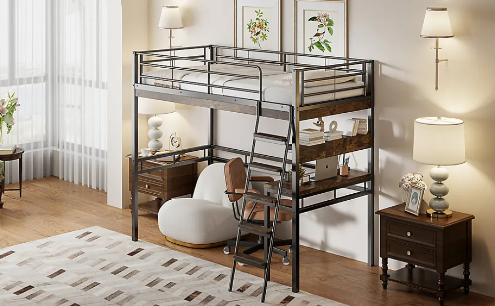 Lit Haut 90x200cm, Bureau, Rangement, Échelle, Métal, Noir>Fortuna lai Sale