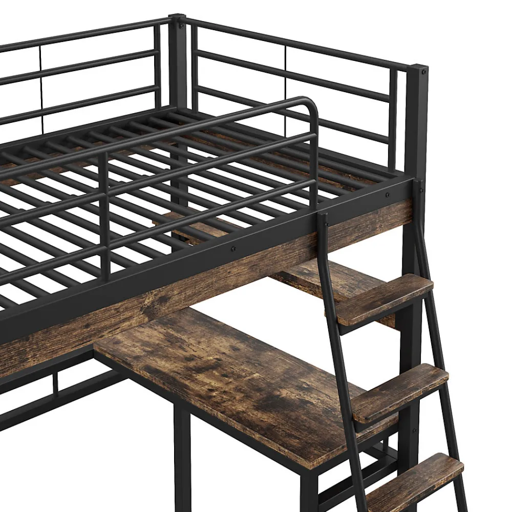 Lit Haut 90x200cm, Bureau, Rangement, Échelle, Métal, Noir>Fortuna lai Sale