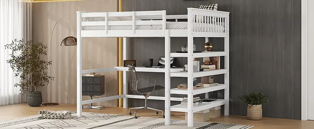 Fortuna lai Lit Haut 140x200cm, Bureau, Rangement, Échelle, Métal, Blanc*Enfant Lit Enfant