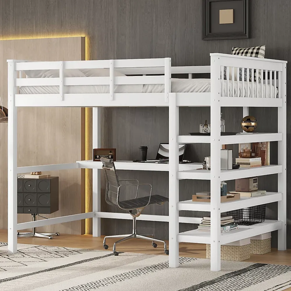 Fortuna lai Lit Haut 140x200cm, Bureau, Rangement, Échelle, Métal, Blanc*Enfant Lit Enfant