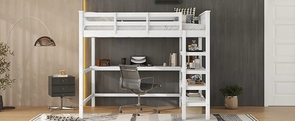 Fortuna lai Lit Haut 140x200cm, Bureau, Rangement, Échelle, Métal, Blanc*Enfant Lit Enfant