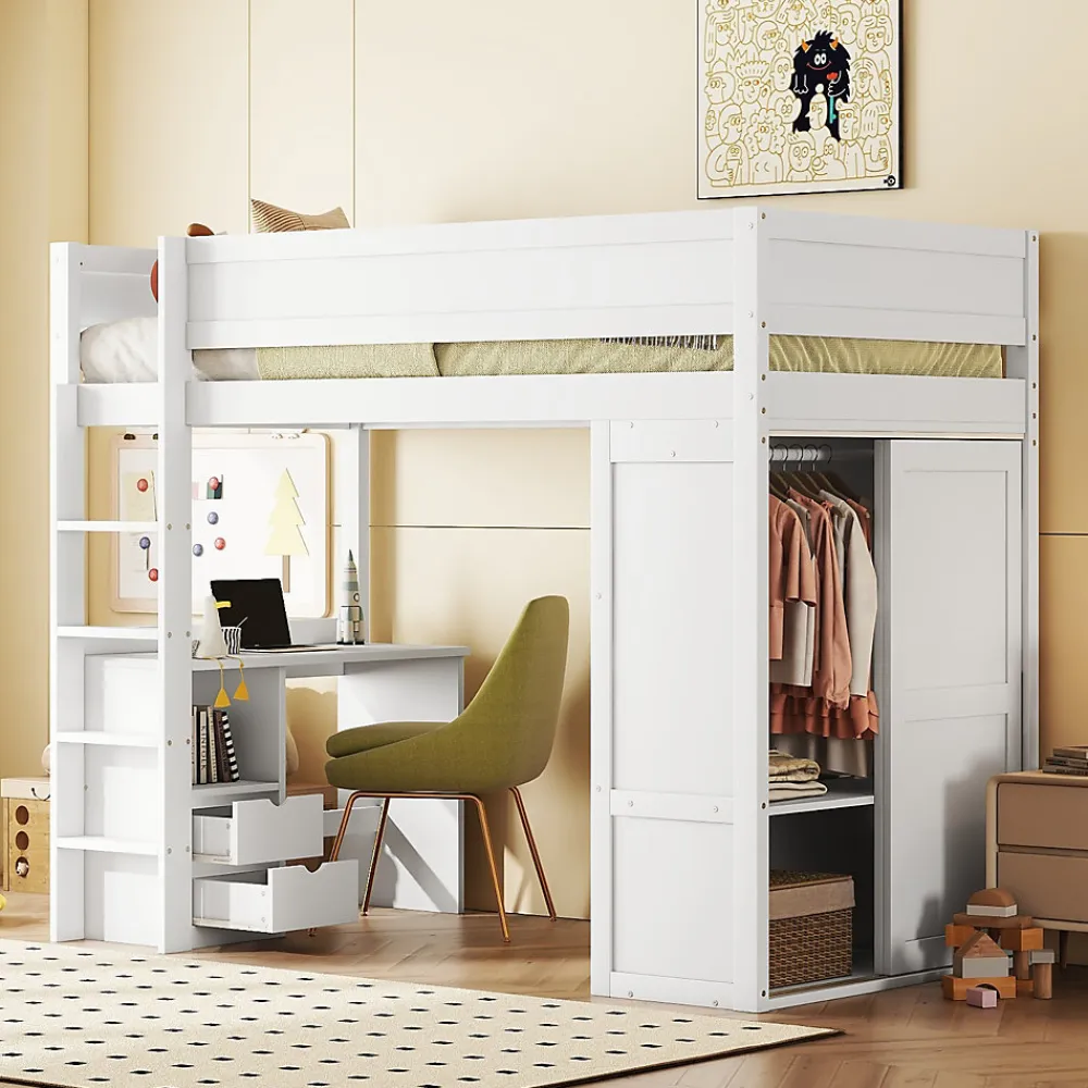 Lit Haut 90x200cm, Lit pour Enfant avec Bureau, Armoire, Blanc>Fortuna lai Outlet