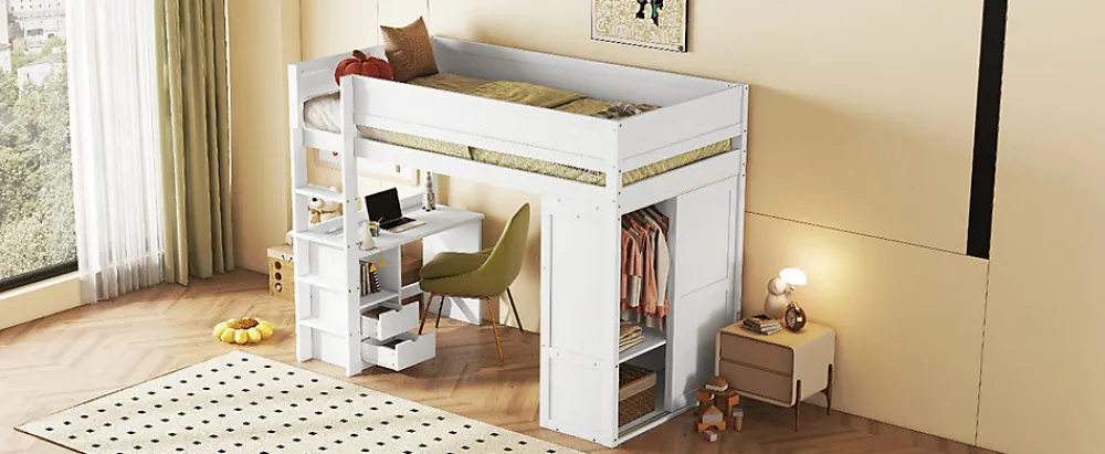 Lit Haut 90x200cm, Lit pour Enfant avec Bureau, Armoire, Blanc>Fortuna lai Outlet