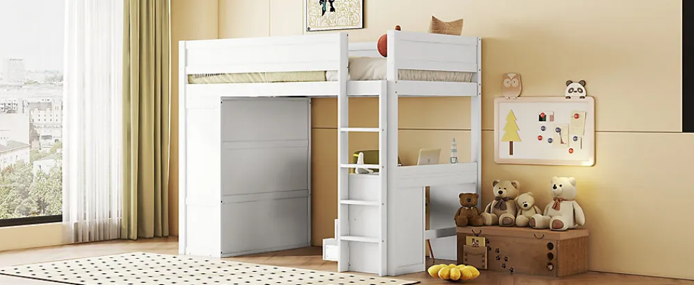 Lit Haut 90x200cm, Lit pour Enfant avec Bureau, Armoire, Blanc>Fortuna lai Outlet