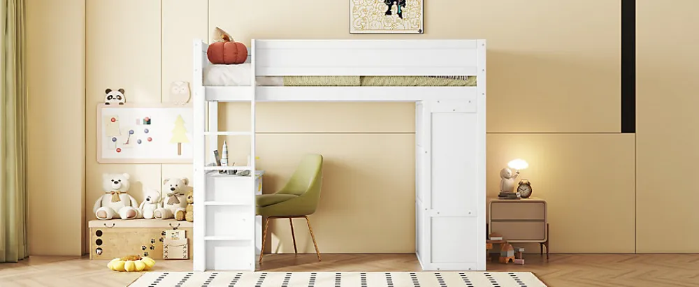 Lit Haut 90x200cm, Lit pour Enfant avec Bureau, Armoire, Blanc>Fortuna lai Outlet