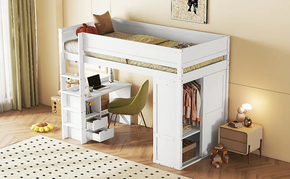 Lit Haut 90x200cm, Lit pour Enfant avec Bureau, Armoire, Blanc>Fortuna lai Outlet
