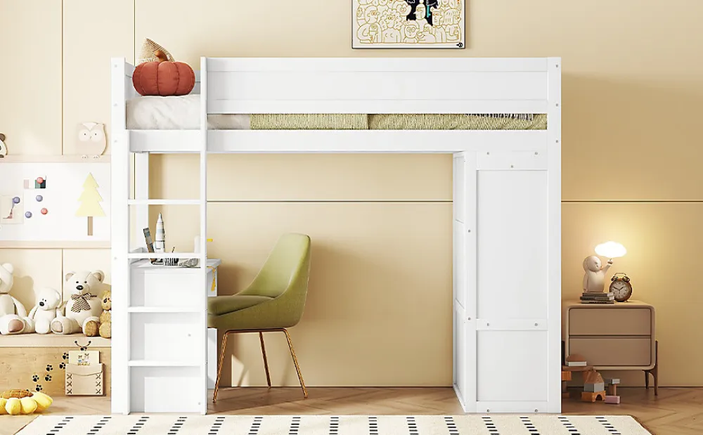 Lit Haut 90x200cm, Lit pour Enfant avec Bureau, Armoire, Blanc>Fortuna lai Outlet