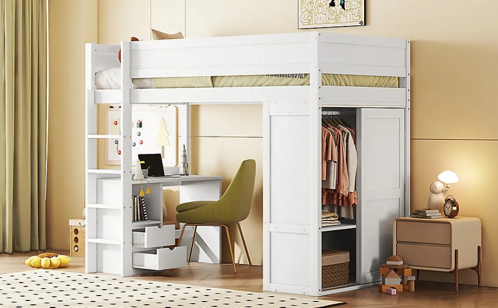 Lit Haut 90x200cm, Lit pour Enfant avec Bureau, Armoire, Blanc>Fortuna lai Outlet