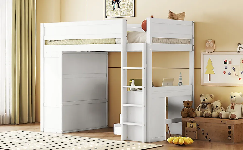 Lit Haut 90x200cm, Lit pour Enfant avec Bureau, Armoire, Blanc>Fortuna lai Outlet