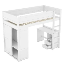 Lit Haut 90x200cm, Lit pour Enfant avec Bureau, Armoire, Blanc><noscript><img width=