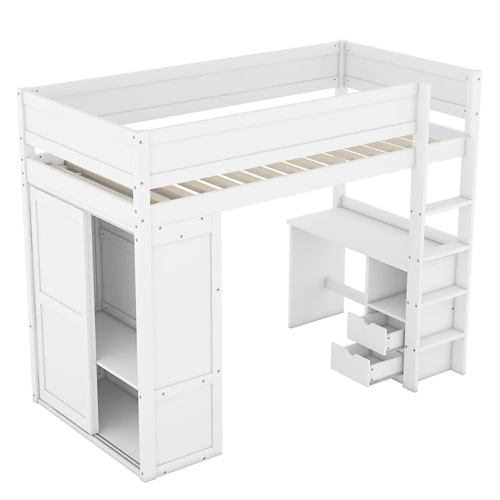 Lit Haut 90x200cm, Lit pour Enfant avec Bureau, Armoire, Blanc>Fortuna lai Outlet