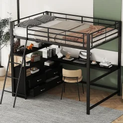 Lit Haut 140x200cm, Métal, Bureau, Rangement, Échelle, Sans Matelas, Noir>Fortuna lai Sale