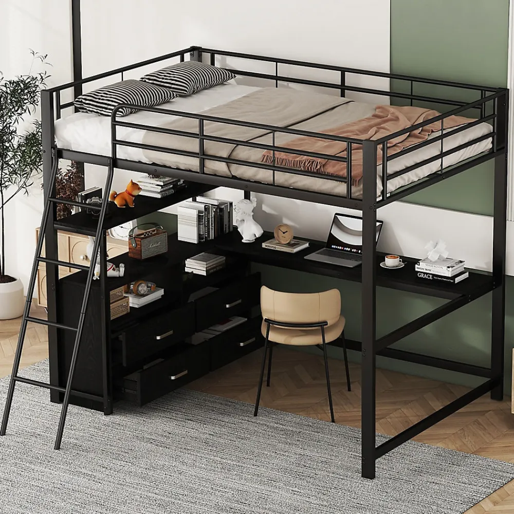Lit Haut 140x200cm, Métal, Bureau, Rangement, Échelle, Sans Matelas, Noir>Fortuna lai Sale