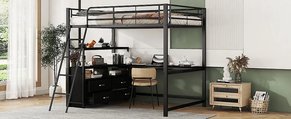 Lit Haut 140x200cm, Métal, Bureau, Rangement, Échelle, Sans Matelas, Noir>Fortuna lai Sale