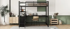 Lit Haut 140x200cm, Métal, Bureau, Rangement, Échelle, Sans Matelas, Noir><noscript><img width=