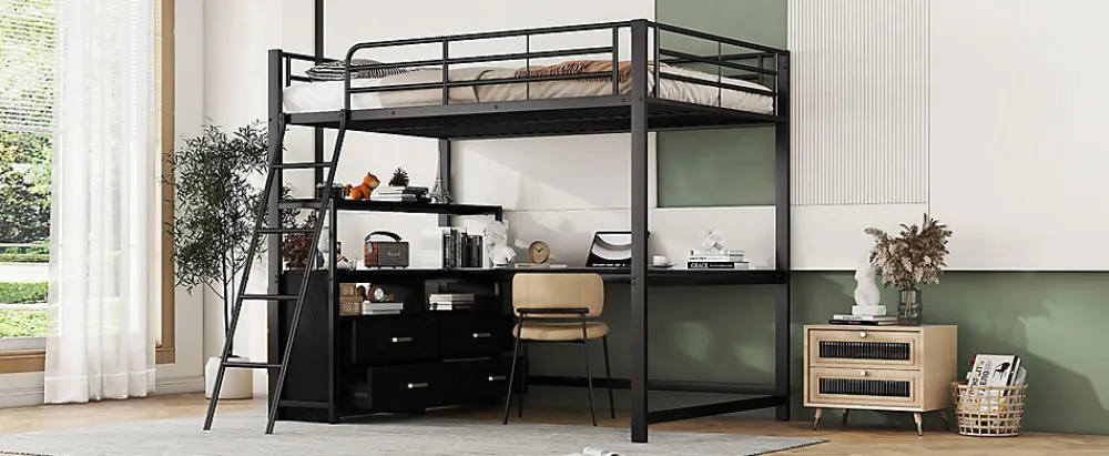 Lit Haut 140x200cm, Métal, Bureau, Rangement, Échelle, Sans Matelas, Noir>Fortuna lai Sale