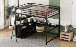 Lit Haut 140x200cm, Métal, Bureau, Rangement, Échelle, Sans Matelas, Noir><noscript><img width=