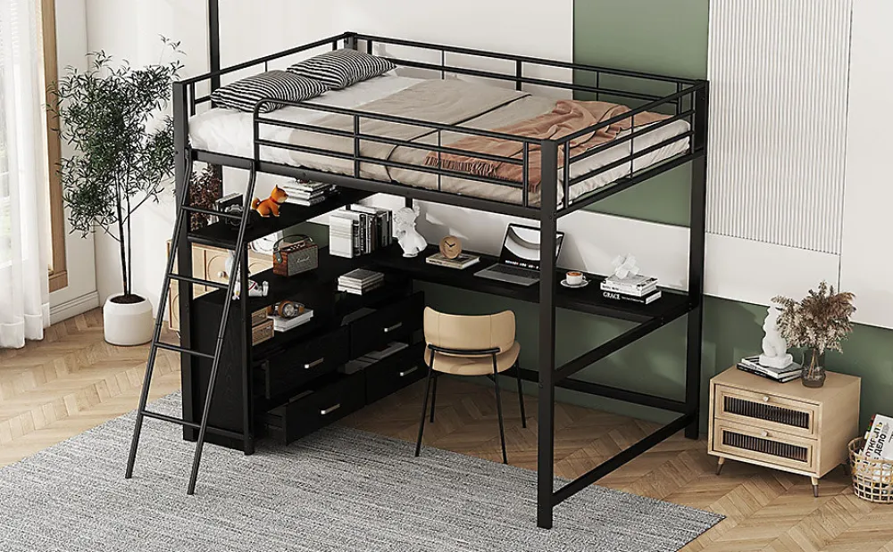 Lit Haut 140x200cm, Métal, Bureau, Rangement, Échelle, Sans Matelas, Noir>Fortuna lai Sale