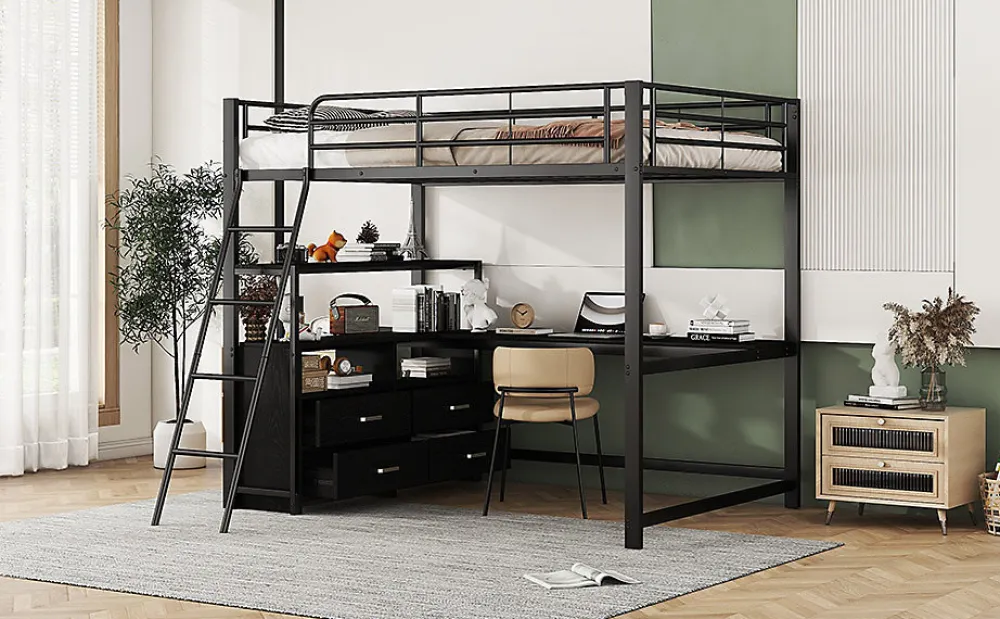 Lit Haut 140x200cm, Métal, Bureau, Rangement, Échelle, Sans Matelas, Noir>Fortuna lai Sale