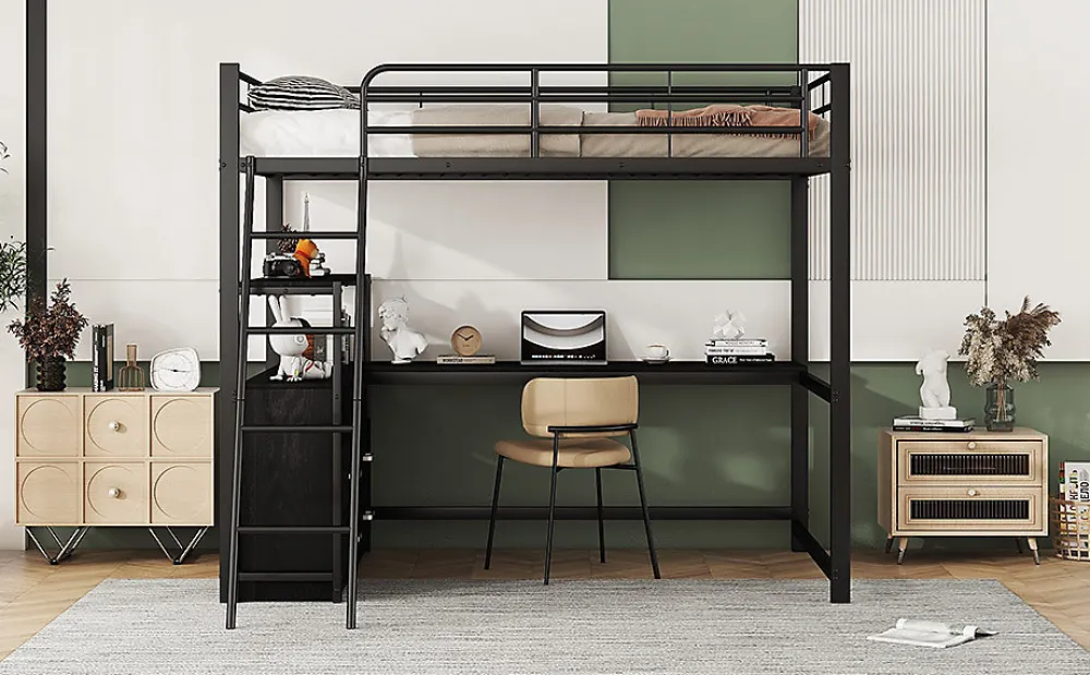 Lit Haut 140x200cm, Métal, Bureau, Rangement, Échelle, Sans Matelas, Noir>Fortuna lai Sale