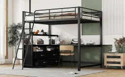 Lit Haut 140x200cm, Métal, Bureau, Rangement, Échelle, Sans Matelas, Noir><noscript><img width=