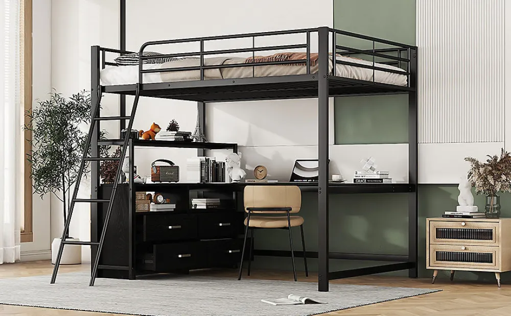 Lit Haut 140x200cm, Métal, Bureau, Rangement, Échelle, Sans Matelas, Noir>Fortuna lai Sale