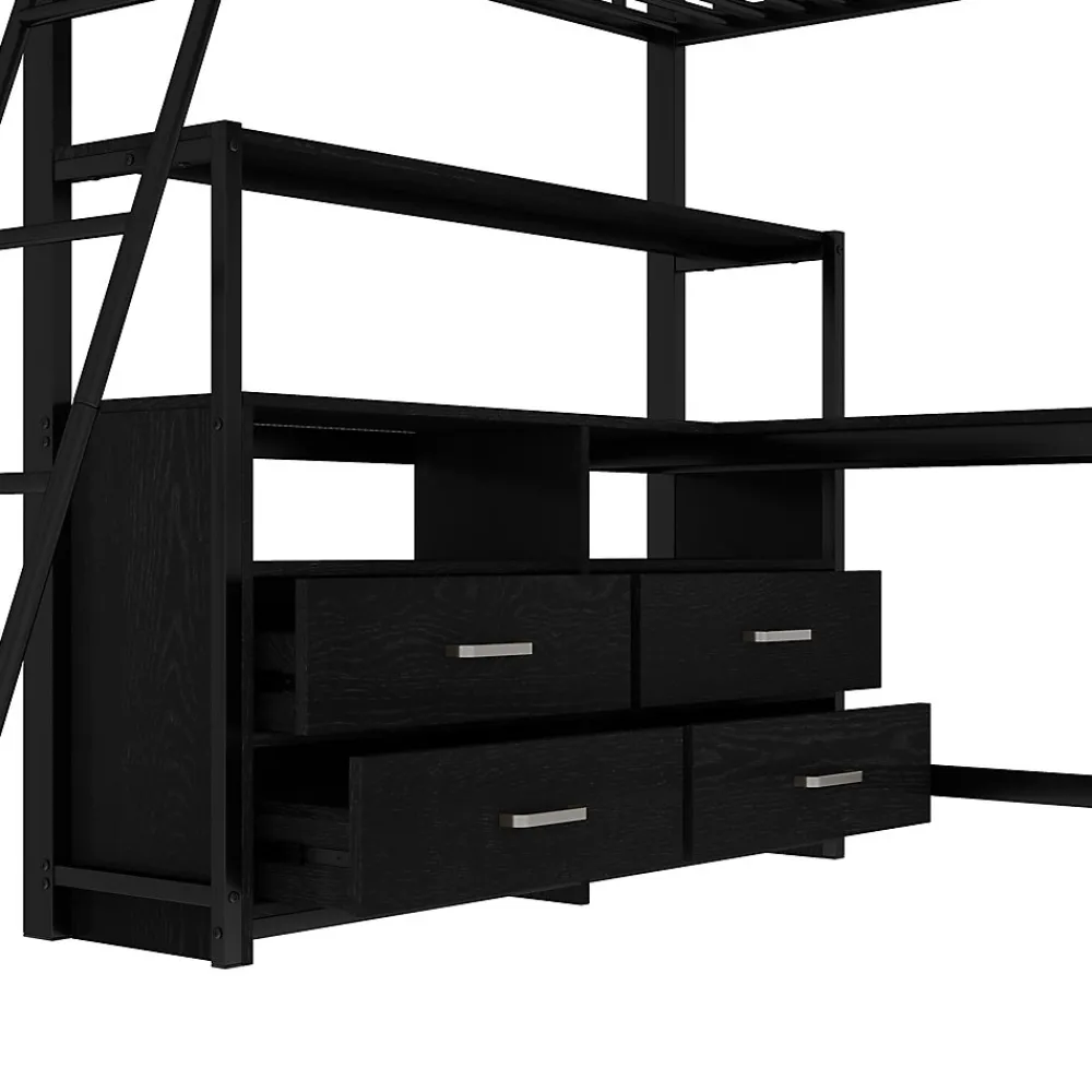 Lit Haut 140x200cm, Métal, Bureau, Rangement, Échelle, Sans Matelas, Noir>Fortuna lai Sale