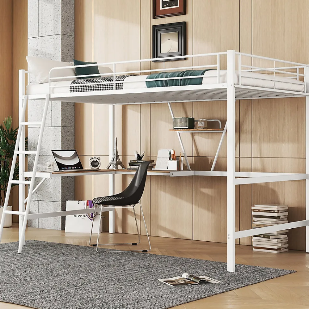 Lit Haut 90x200cm, Métal, Bureau L, Rangement, Sans Matelas, Blanc>Fortuna lai