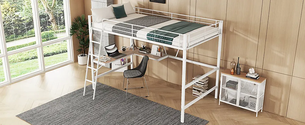 Lit Haut 90x200cm, Métal, Bureau L, Rangement, Sans Matelas, Blanc>Fortuna lai