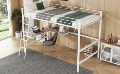 Lit Haut 90x200cm, Métal, Bureau L, Rangement, Sans Matelas, Blanc><noscript><img width=