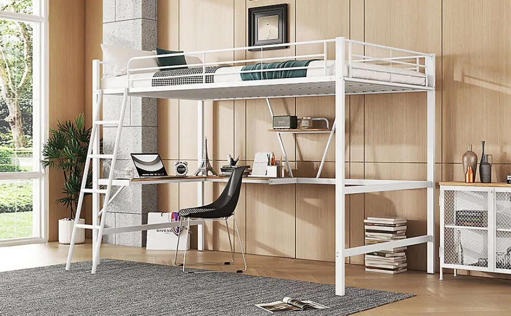 Lit Haut 90x200cm, Métal, Bureau L, Rangement, Sans Matelas, Blanc>Fortuna lai
