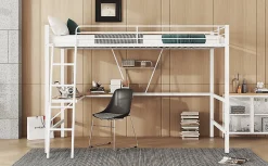 Lit Haut 90x200cm, Métal, Bureau L, Rangement, Sans Matelas, Blanc><noscript><img width=