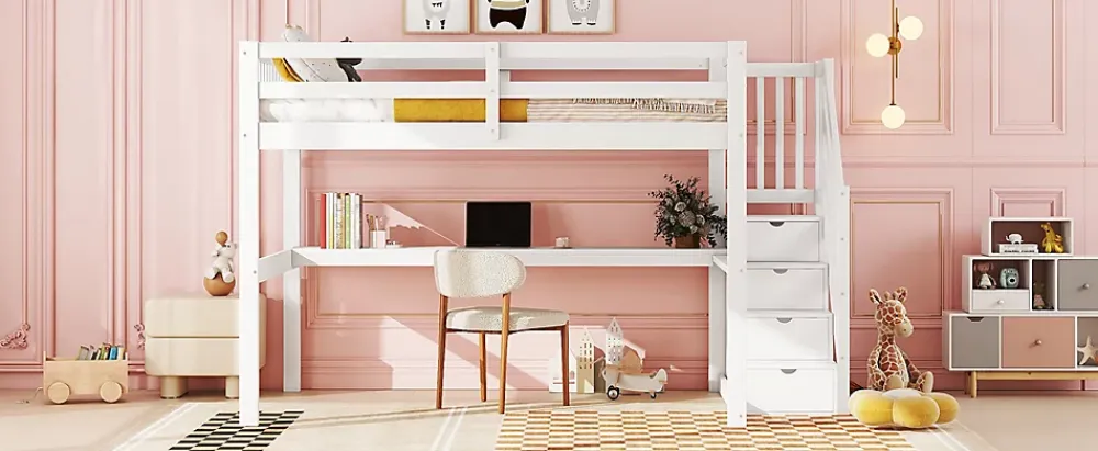 Fortuna lai Lit Haut 140x200cm, Rangement, Bureau, Échelle, Sans Matelas, Blanc*Enfant Lit Enfant