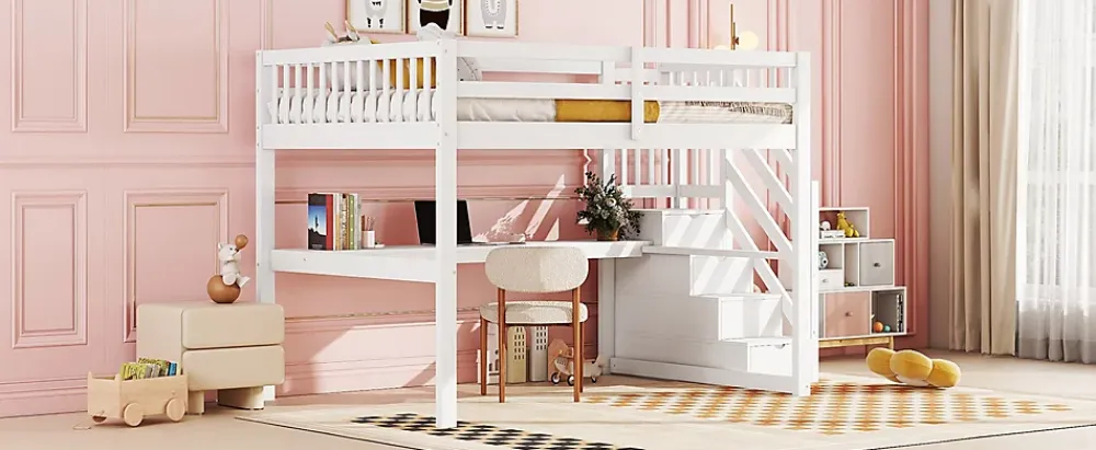 Fortuna lai Lit Haut 140x200cm, Rangement, Bureau, Échelle, Sans Matelas, Blanc*Enfant Lit Enfant