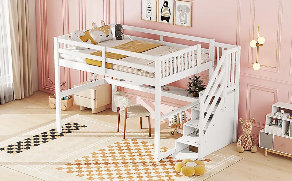 Fortuna lai Lit Haut 140x200cm, Rangement, Bureau, Échelle, Sans Matelas, Blanc*Enfant Lit Enfant