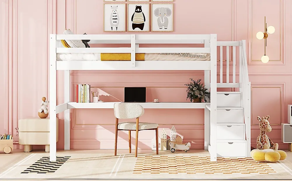 Fortuna lai Lit Haut 140x200cm, Rangement, Bureau, Échelle, Sans Matelas, Blanc*Enfant Lit Enfant