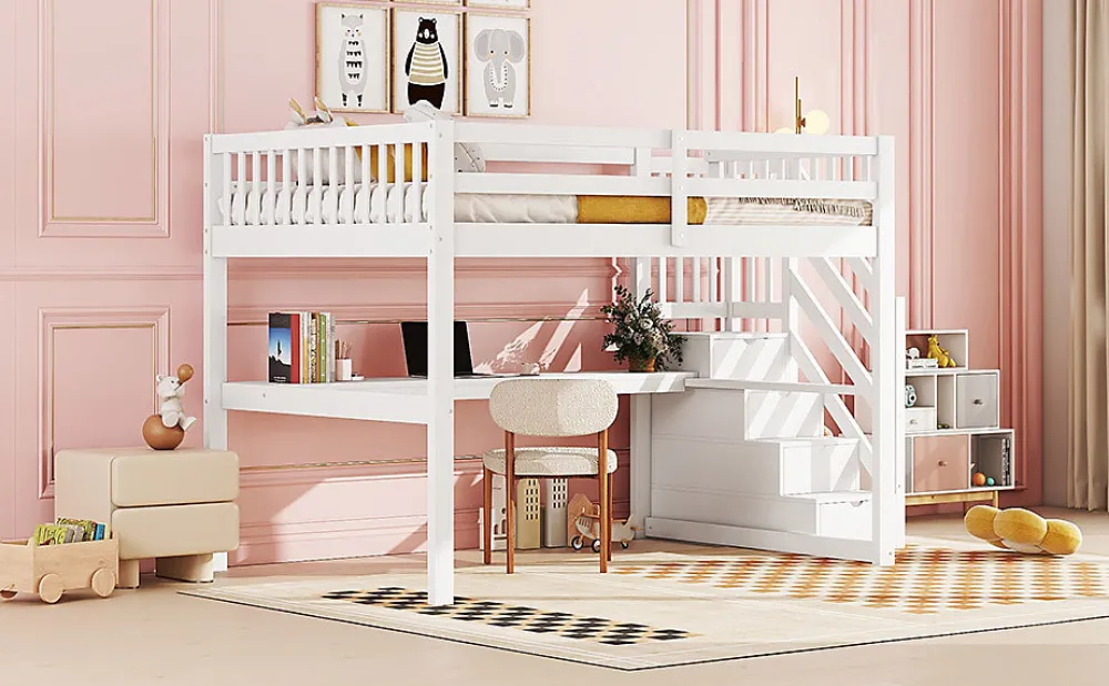 Fortuna lai Lit Haut 140x200cm, Rangement, Bureau, Échelle, Sans Matelas, Blanc*Enfant Lit Enfant