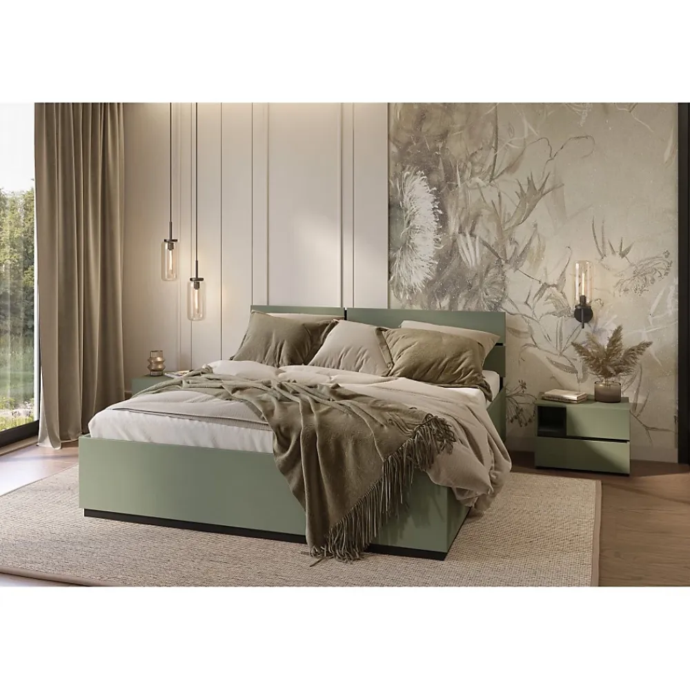 Meublorama Lit HAVANA 160x200 avec sommier Coloris vert sauge et noir Design moderne et structure robuste* Lit Double