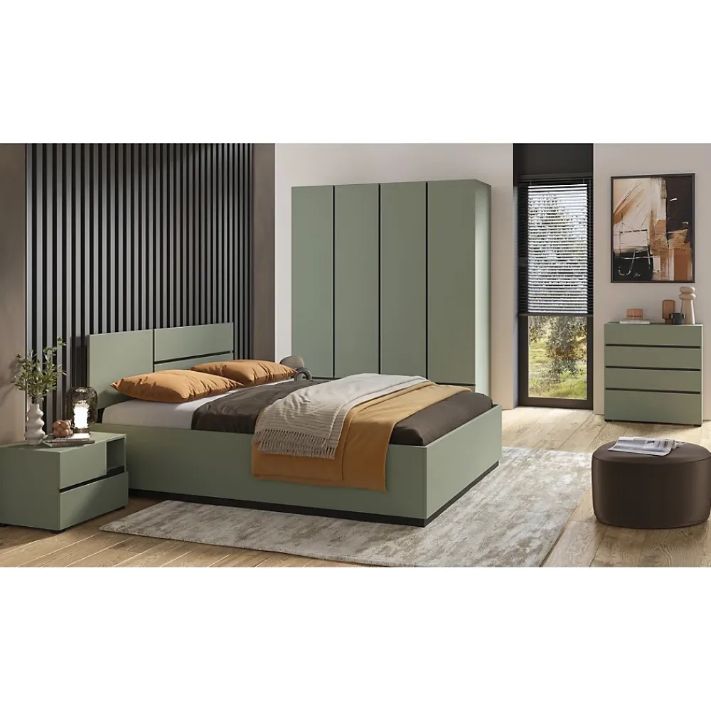 Meublorama Lit HAVANA 160x200 avec sommier Coloris vert sauge et noir Design moderne et structure robuste* Lit Double