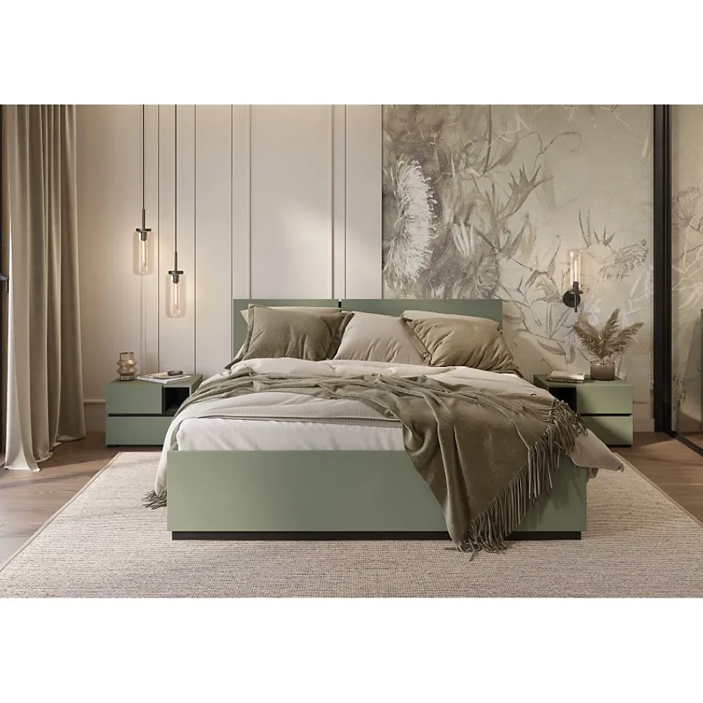 Meublorama Lit HAVANA 160x200 avec sommier Coloris vert sauge et noir Design moderne et structure robuste* Lit Double