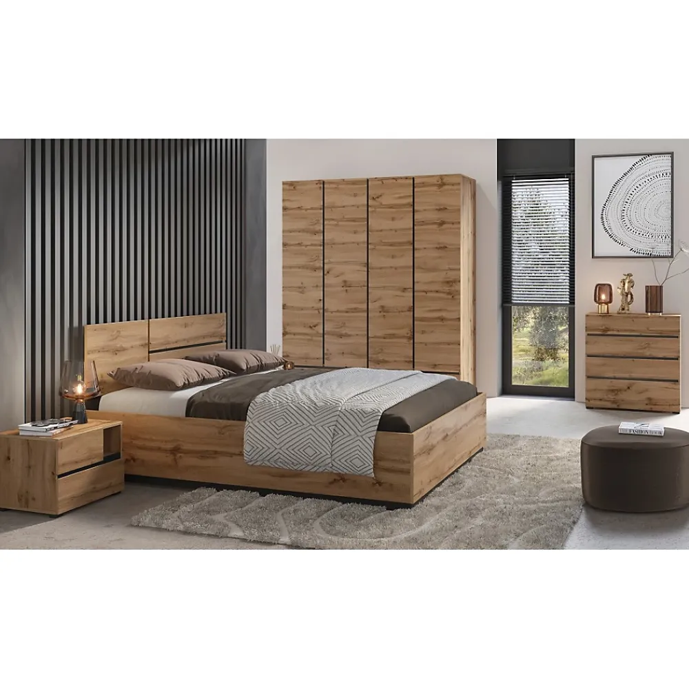 Meublorama Lit HAVANA 180x200 cm chene et noir Grand lit moderne pour chambre naturelle* Lit Double