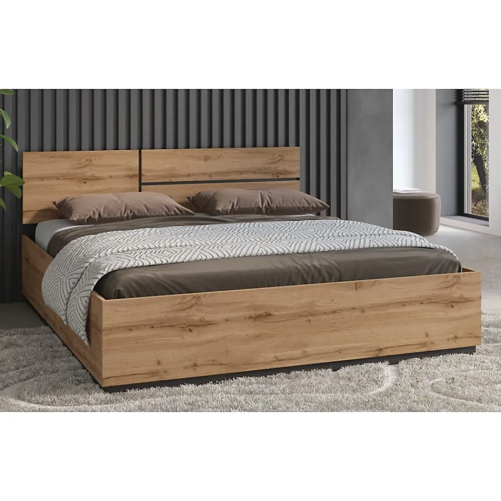 Meublorama Lit HAVANA 180x200 cm chene et noir Grand lit moderne pour chambre naturelle* Lit Double