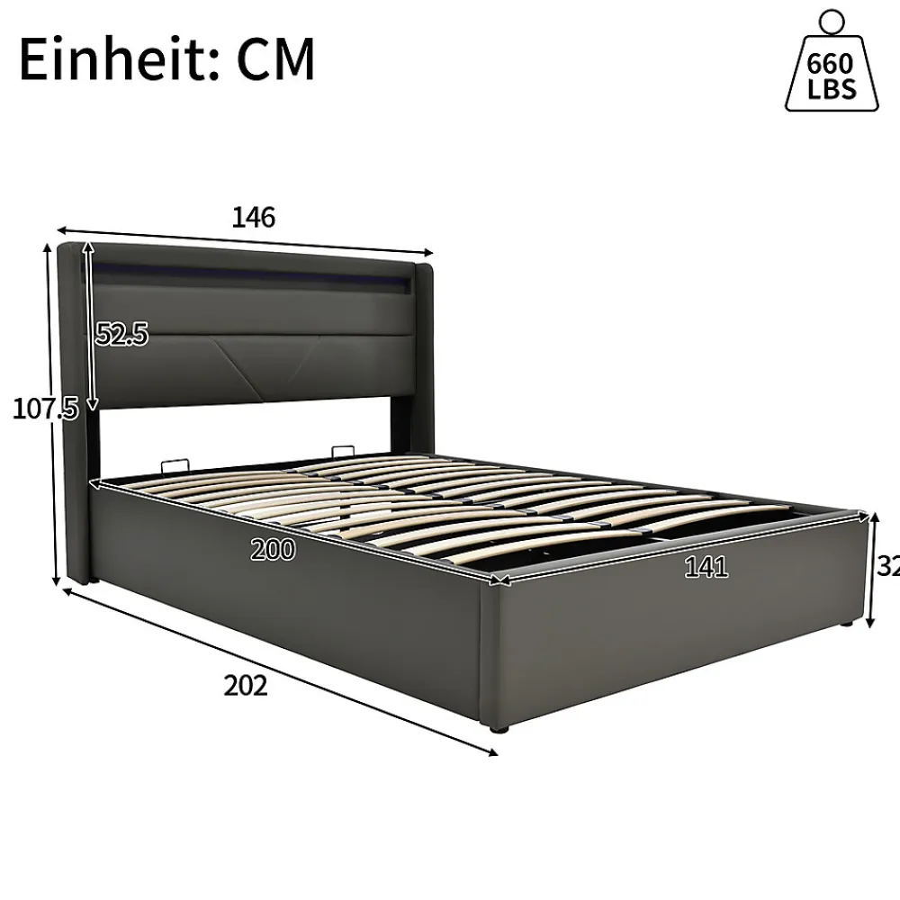 Lit Hydraulique 140X200Cm Led Sommier Gris>Blackcolors