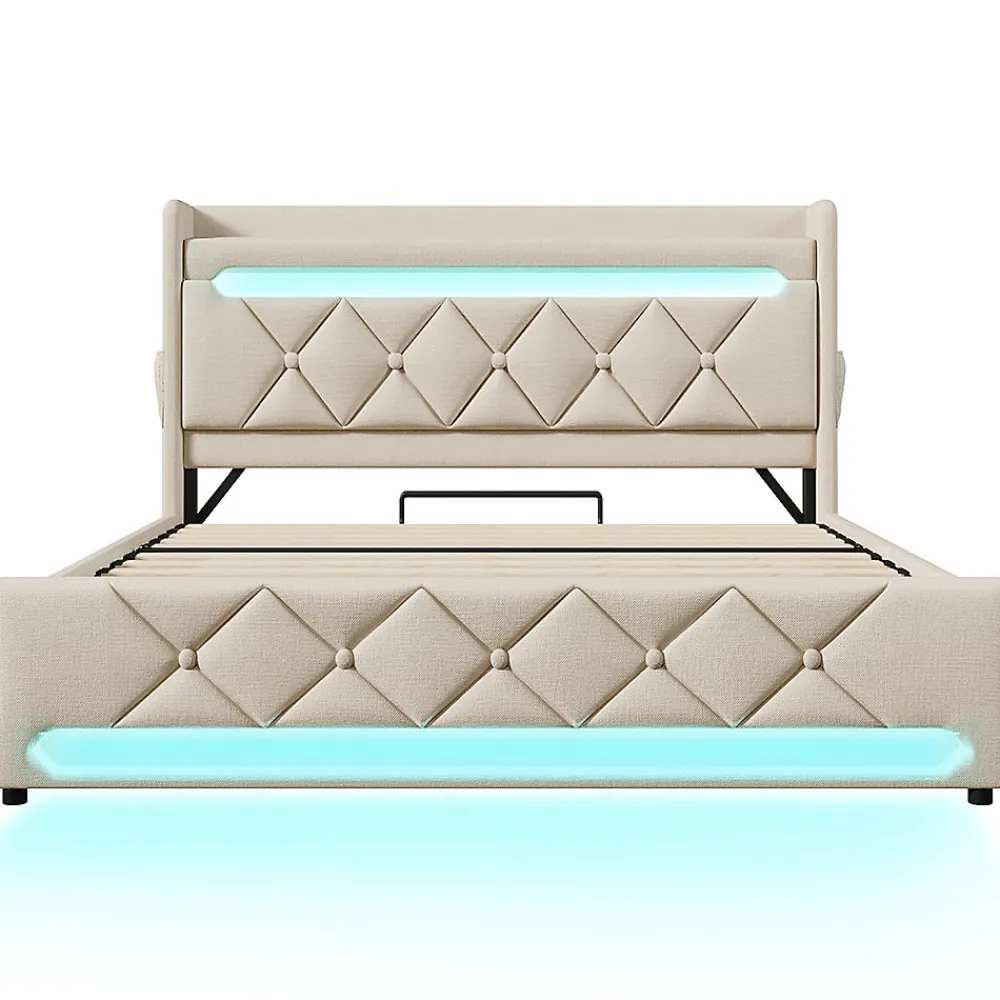 Lit hydraulique 140x200cm, lit double, espace de rangement en tête de lit avec port usb et type c, lin, beige, avec matelas>Gutent Best