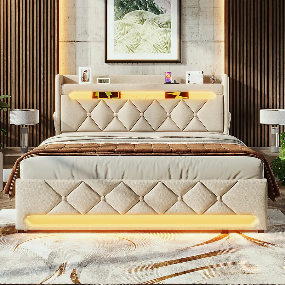Lit hydraulique 140x200cm, lit double, espace de rangement en tête de lit avec port usb et type c, lin, beige, avec matelas>Gutent Best
